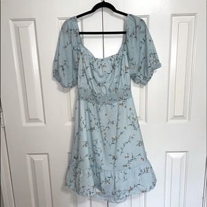 NWT Floral Ruffle Tie Back A Line Mini Dress, Baby Blue, XL